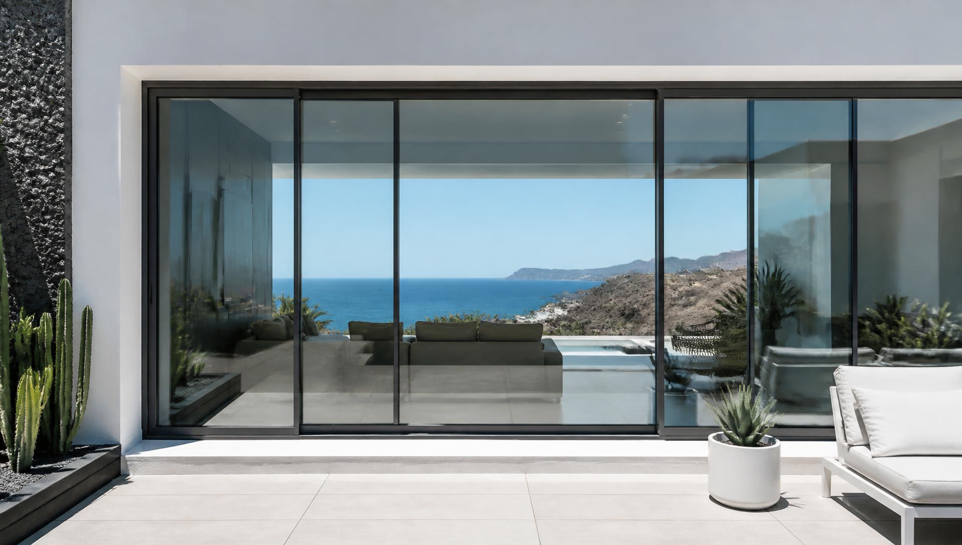 Große Aluminium-Schiebefensterfront einer weißen Villa auf Teneriffa mit Blick auf den Atlantik